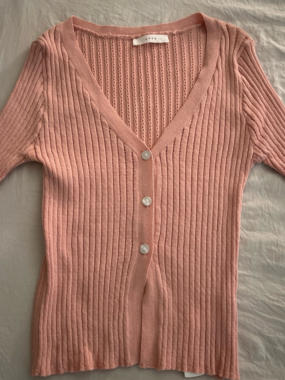 Lush Ribbed V-Neck Cardigan in Dusty Pink